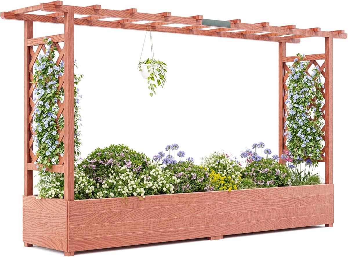 Tuinbak met latwerk - Grote houten verhoogde tuinbak - Overkapping - 4 afwateringsgaten - Privacyscherm van sparrenhout - 200×44×114 cm