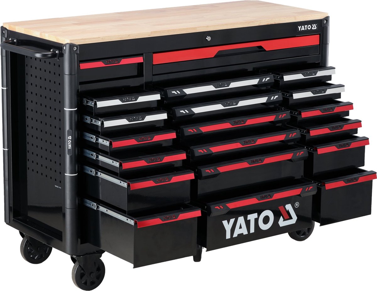 YATO Professionele Werkplaatswagen YT-09006 – 20 Laden – Met Rubberhouten Werkblad – Centraal Slot & 6 Transportwielen (150 mm) – 1425 x 575 x 1095 mm