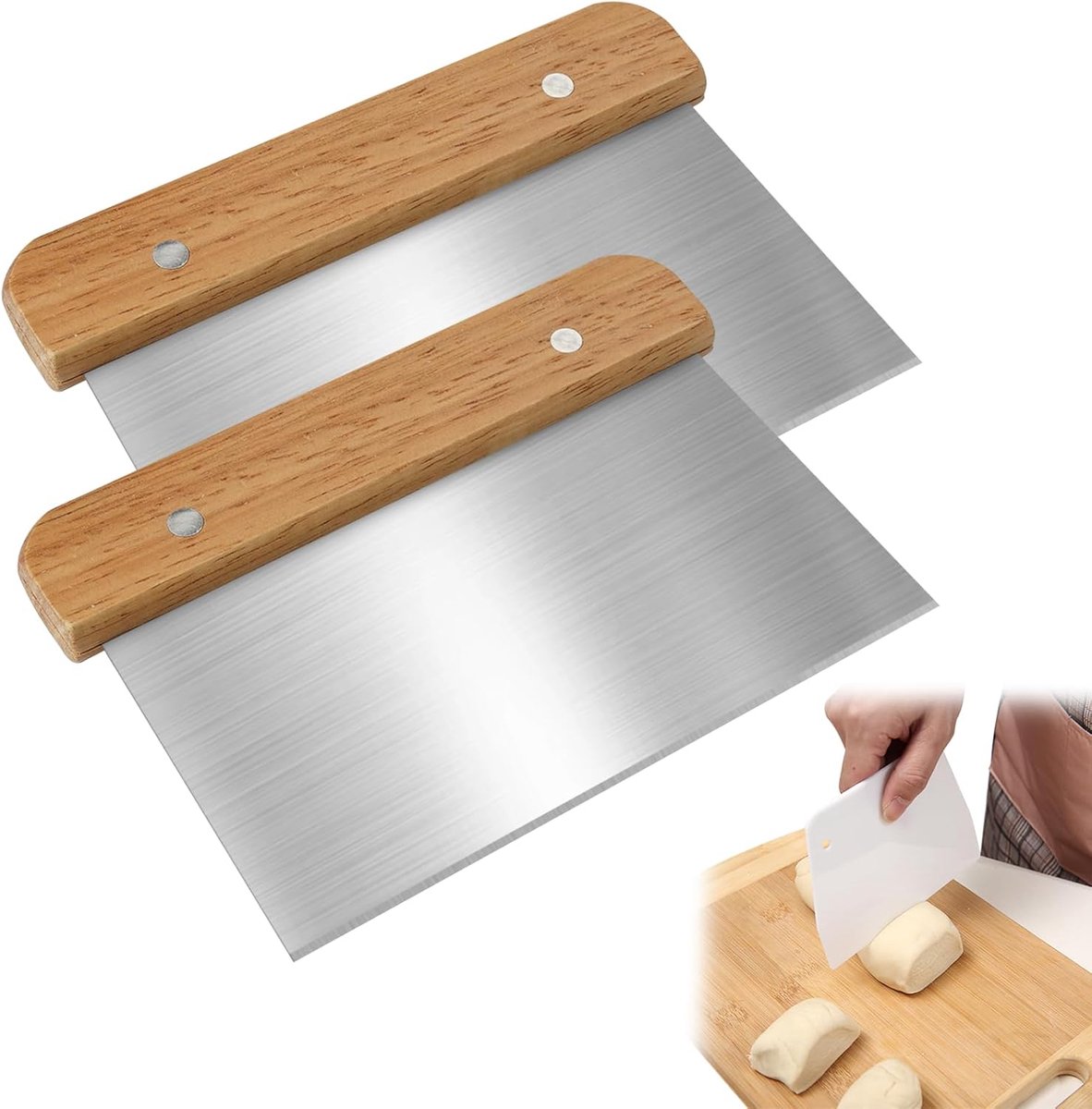 2 Stuks Deegschraper RVS - Deegsteker - Houten handvat - Deegkrabber - Groentesnijder - Pizza mes - Deegsnijder - 15*11cm - Geschikt Voor Taart En Cake