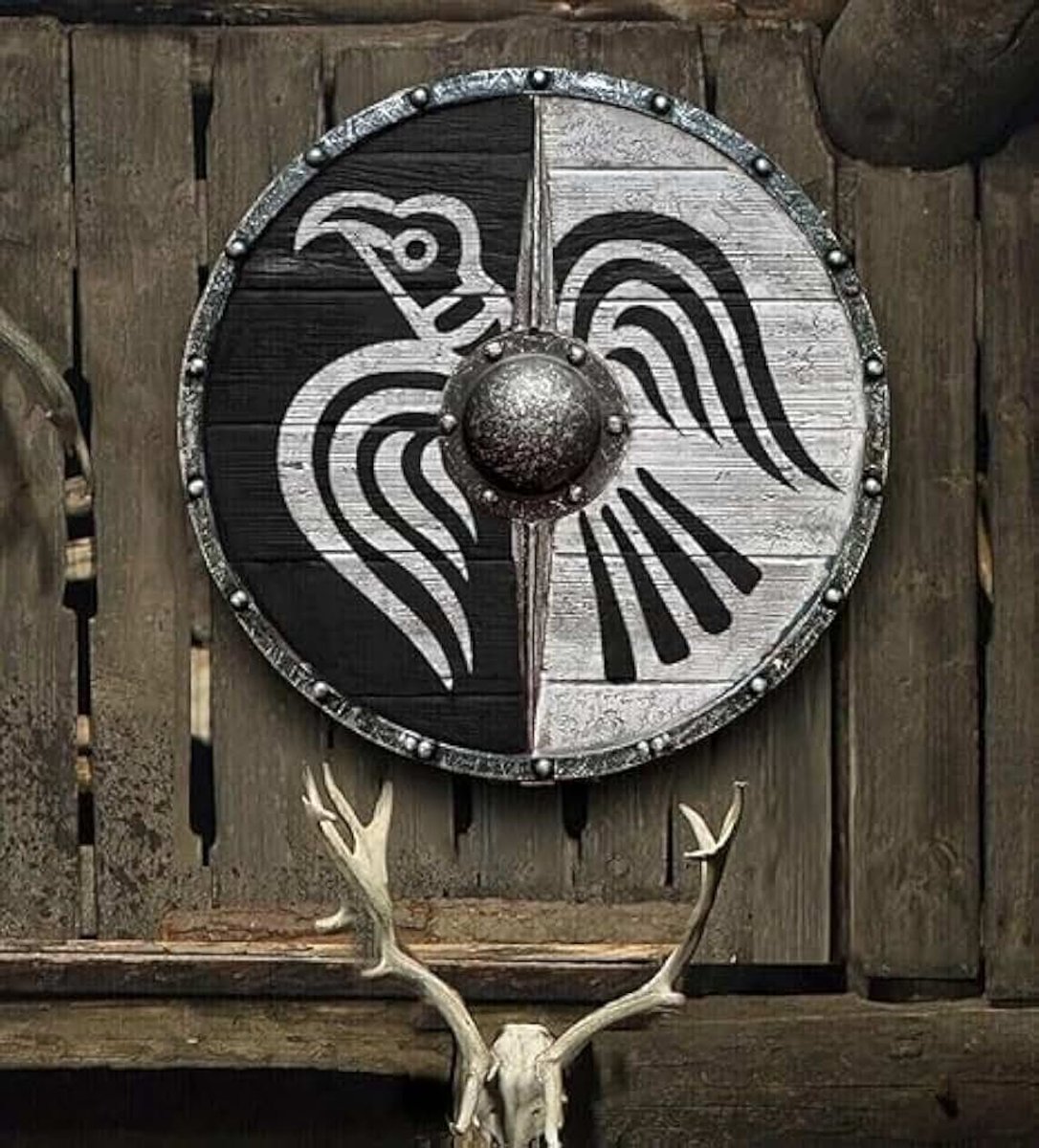24 inch Middeleeuws Vikingschild - Raven Design LARP Replica | Noorse door de strijd gedragen hout en ijzeren schild.