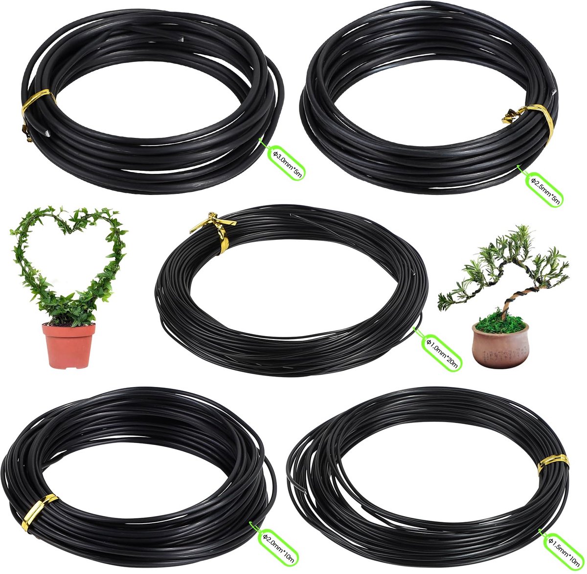 Planten Bonsai Training Draad - Flexibel Geanodiseerd Aluminium voor Planten en Bomen - 5 Rollen met 5 Maten (1/1,5/2/2,5/3 mm), 50 m