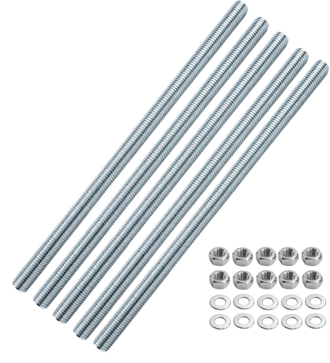 5x M12 schroefdraadstang verzinkt staal, 300 mm volledige schroefdraad, roestbescherming, met moeren en sluitringen, voor meubelbouw, machinebouw (M12 x 300 mm)