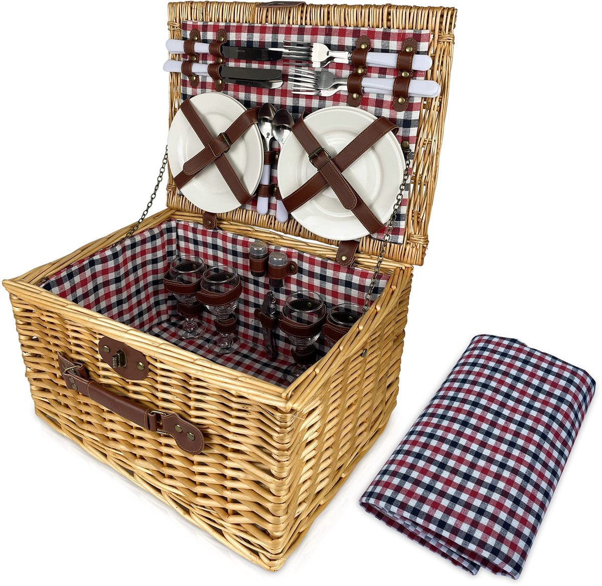 Luxe 4-persoons rieten mand picknickset met picknickmand, picknickdeken, picknickborden, bestekset en champagneglazen - ideale picknickmand, festival bbq essentials en cadeau