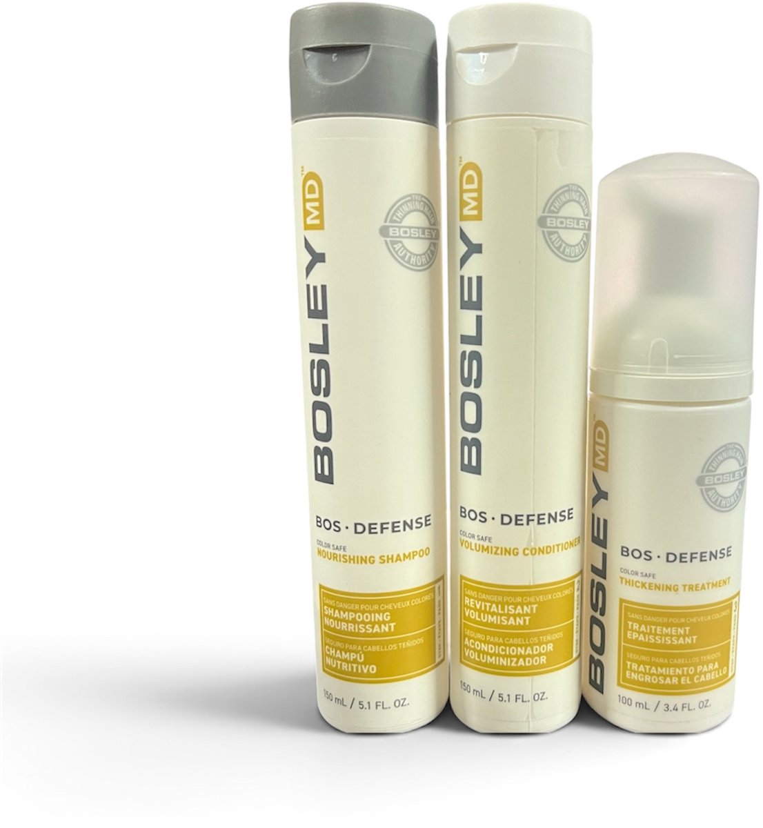 Bosley Bos Defense Set Nourishing Shampoo 150ml, Volumizing Conditioner 150ml, Thickening Treatment 100ml