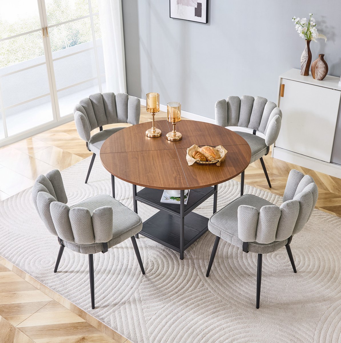MODFU Set Tafel En Stoelen - Rond - Walnootlook - Grijze Stof - 4 Stoelen
