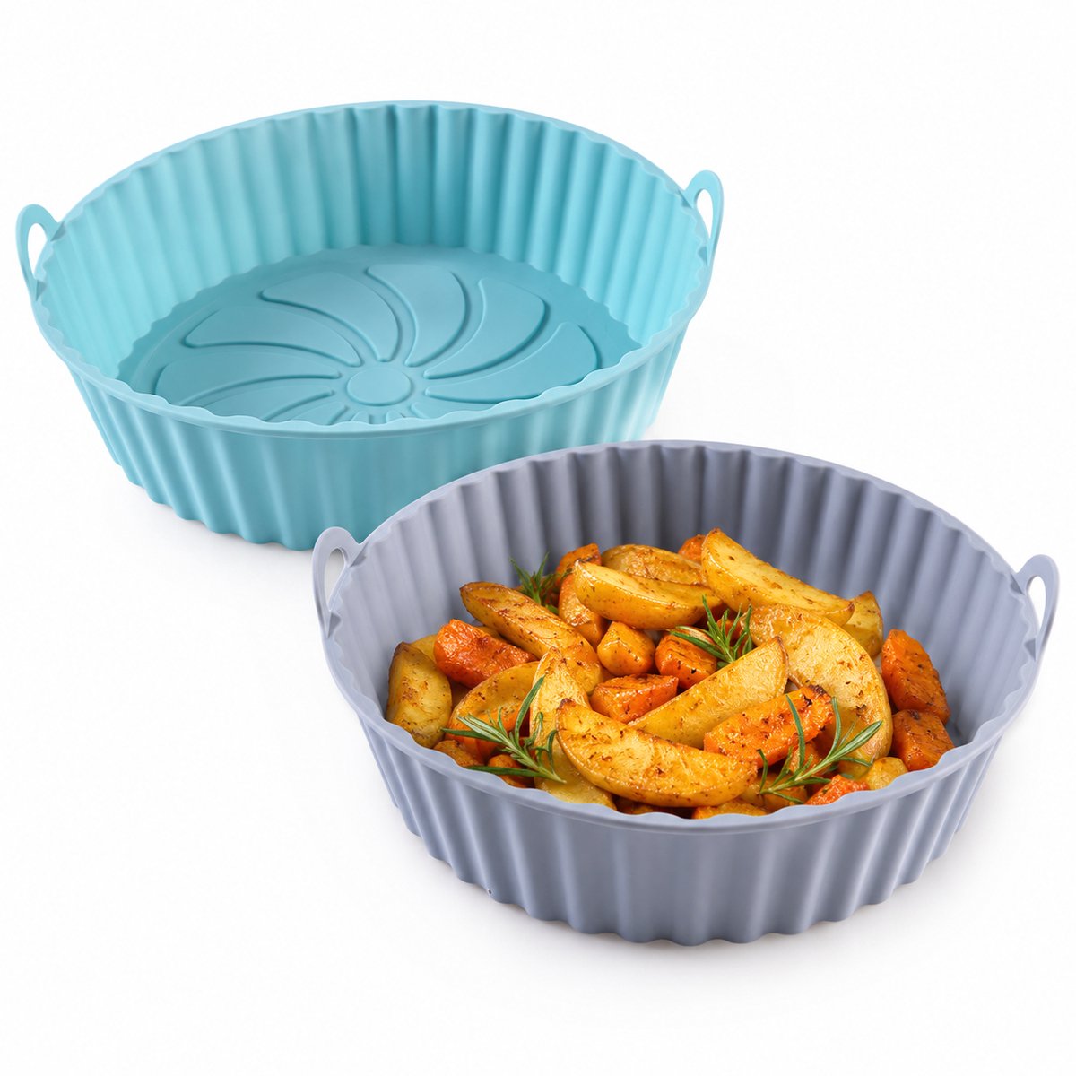 Set van 2 Siliconen Airfryer Vormen - Herbruikbaar Airfryer Mandje 20 cm - Siliconen Matje & Accessoires voor Airfryer, Oven & Magnetron - Grijs & Blauw