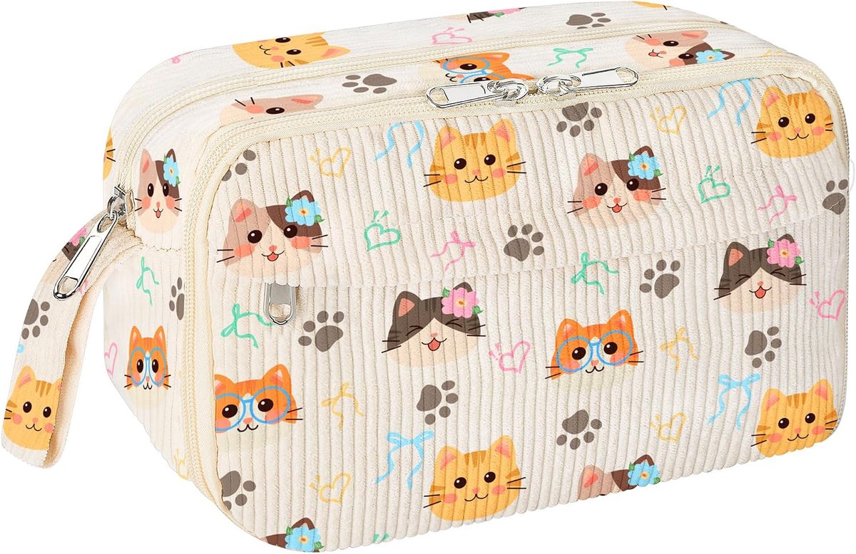 Etui van Zacht Corduroy - Groot Etui met Ritssluiting en Meerdere Vakken - Praktische Schooltas Organizer voor Pennen, Stiften en Accessoires - Kat