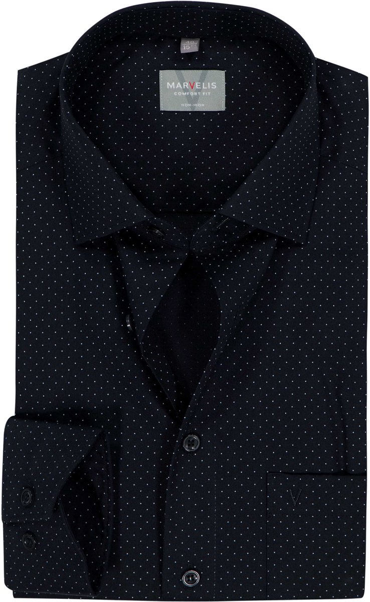 MARVELIS comfort fit overhemd - popeline - zwart met wit gestipt dessin - Strijkvrij - Boordmaat: 49 (EU maat: 4XL)