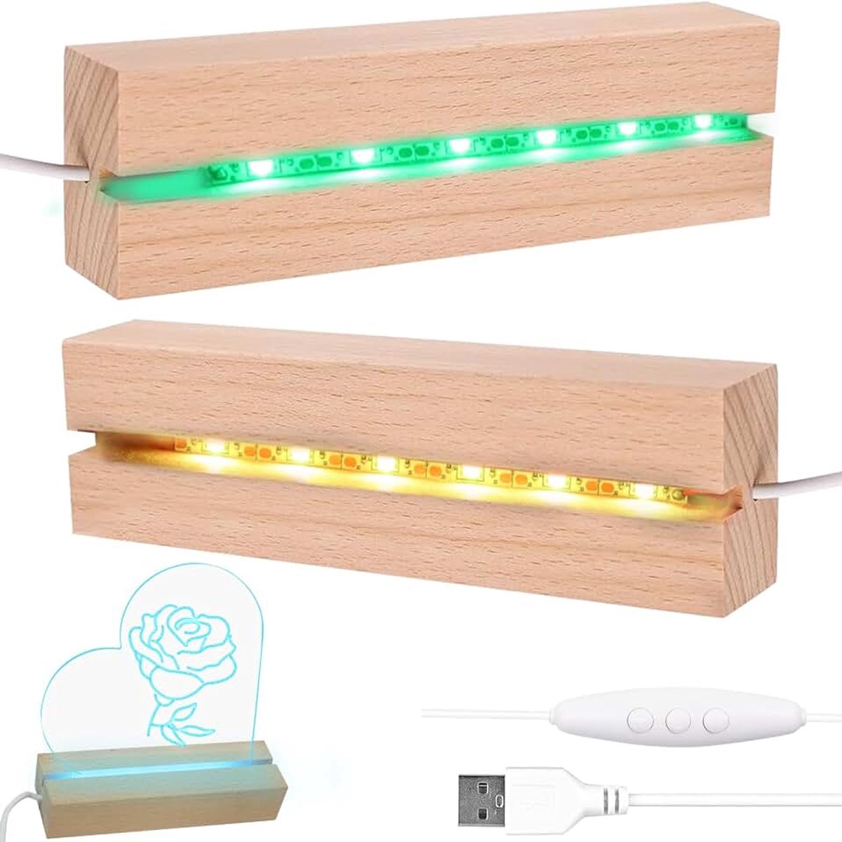 2 stuks led-verlichting, displaybasis, led-sokkel voor acrylglas, lichtsokkel, houten bureaulampen, displaybasis, houten kleurlicht, USB-lichtsokkel, rechthoekige houten sokkel
