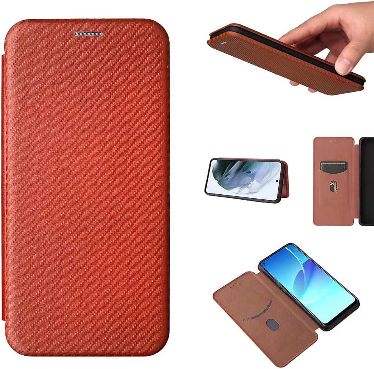 Hoesje Compatible for Motorola Edge 50 Neo,koolstofvezel schokbestendig anti-val PU-Leer Hoesje met [Creditcardhouders][ Stand Feature][Magnetische] - bruin