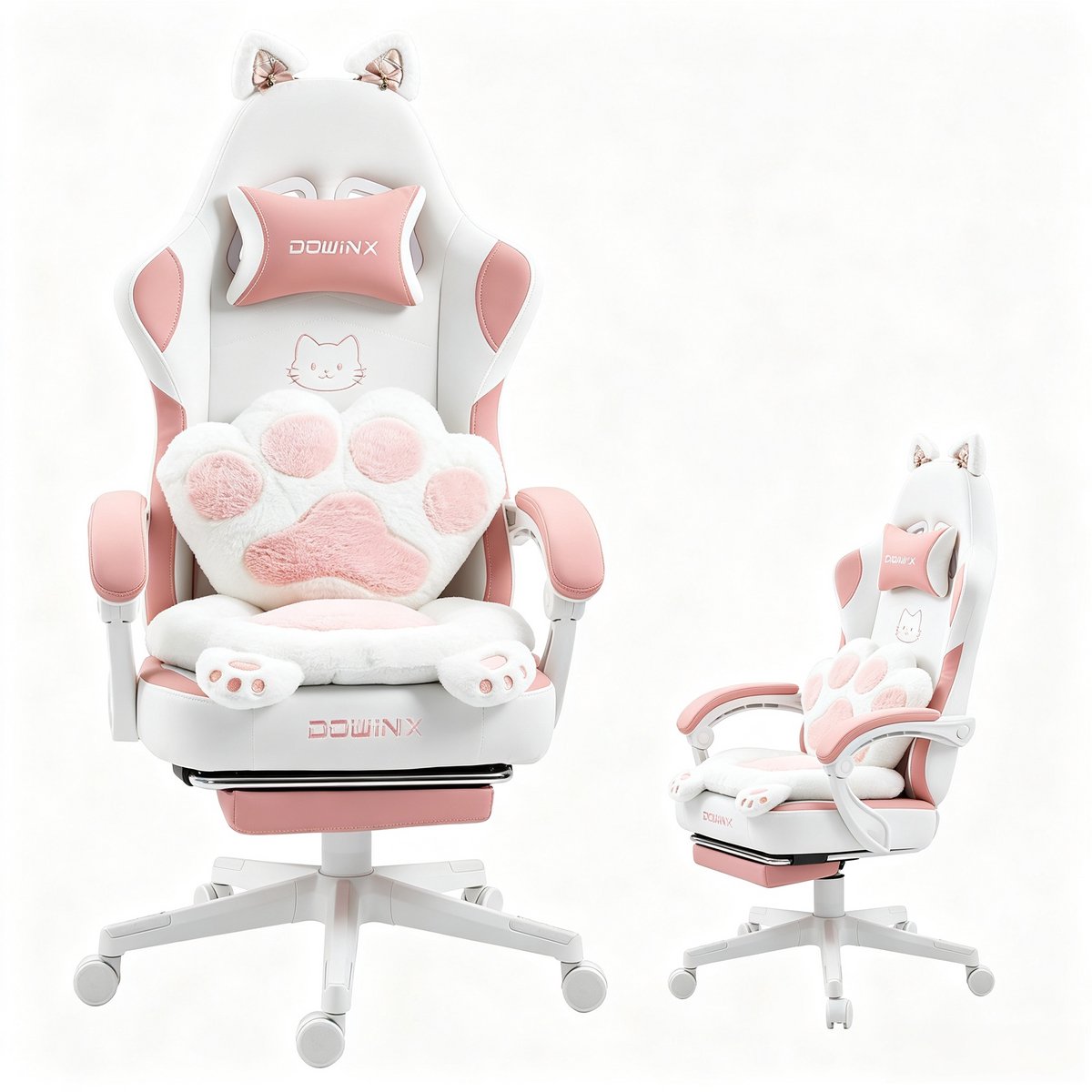 Dowinx Gaming stoel – vleugelloos breed zitvlak – 90‑145° verstelbaar met uittrekbare voetsteun – Zachte Stof - synchroon meebewegende armleuningen – max 140 kg – voor meisjes en tieners - Rose