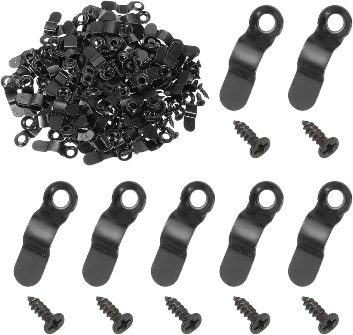 120 stuks achterwandclips, 120 stuks, 1,5 cm, draaiknoppen, bevestigingselementen, hoekclip met 120 schroeven voor het ophangen van afbeeldingen, tekeningen, boogvormig, zwart