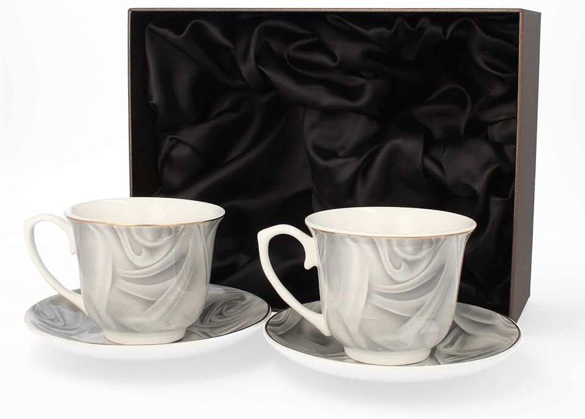 Set van 2 porseleinen kopjes met schoteltjes, 250 ml, elegante koffiekopjes in geschenkset, koffiekop, porselein, pot, thee, keuken, restaurant, beker, perfect thee, grijs
