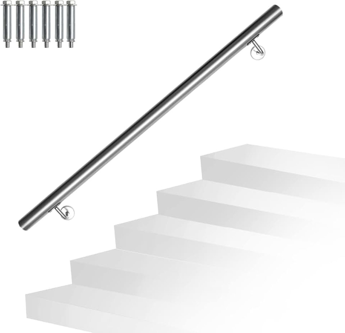 Roestvrij stalen trapleuning, trapleuning, wandleuning, wandleuning incl. wandhouder en eindkappen, voor binnen en buiten, trappen, balkon, balustrade, lengte: 100 cm