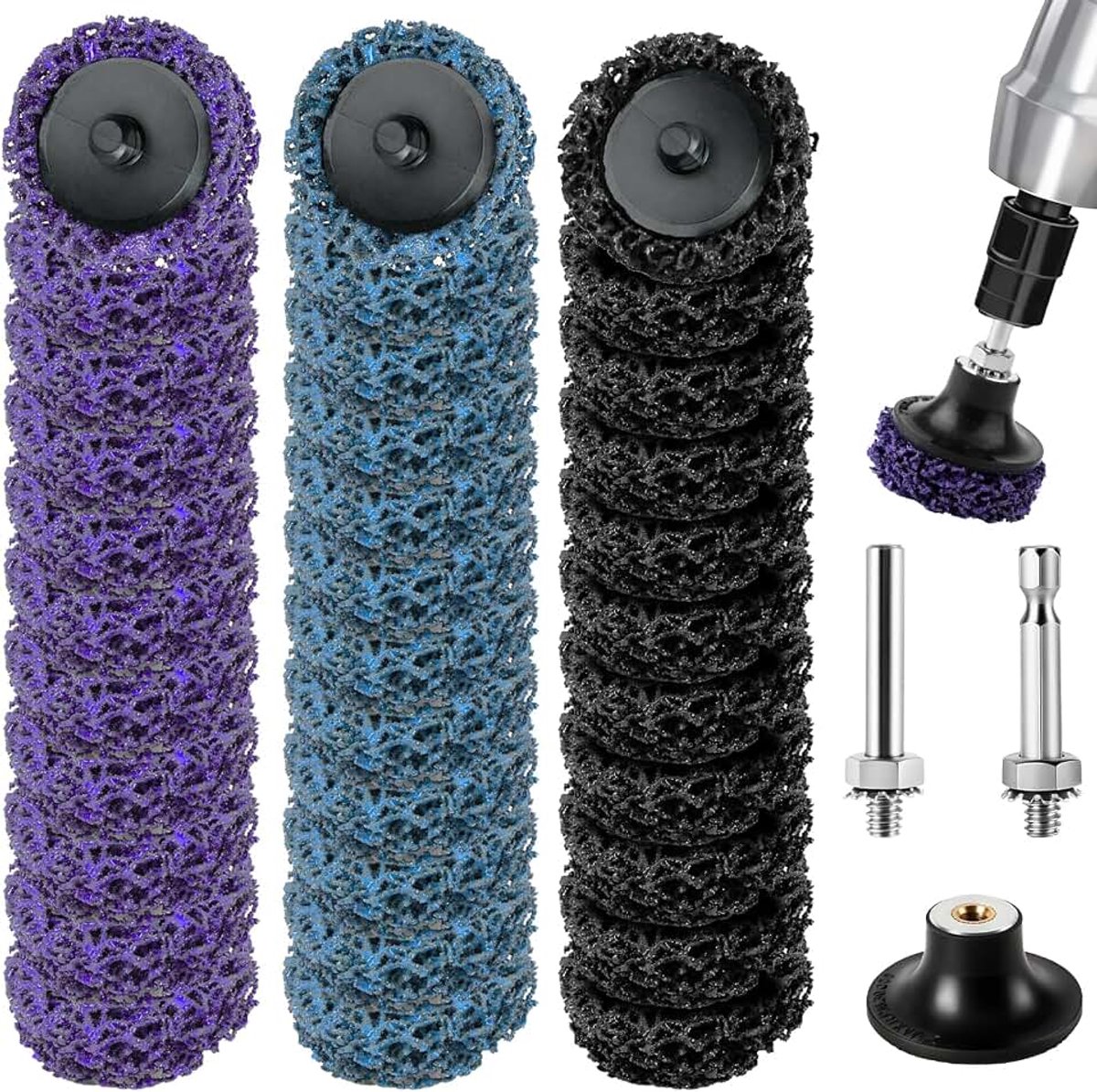 Grove slijpschijf, 50 mm, 36 stuks reinigingsschijven voor haakse slijper, zwart, paars, blauw, gemengd, beitsschijf voor haakse slijper, voor het verwijderen van roest, verf, afbladderen