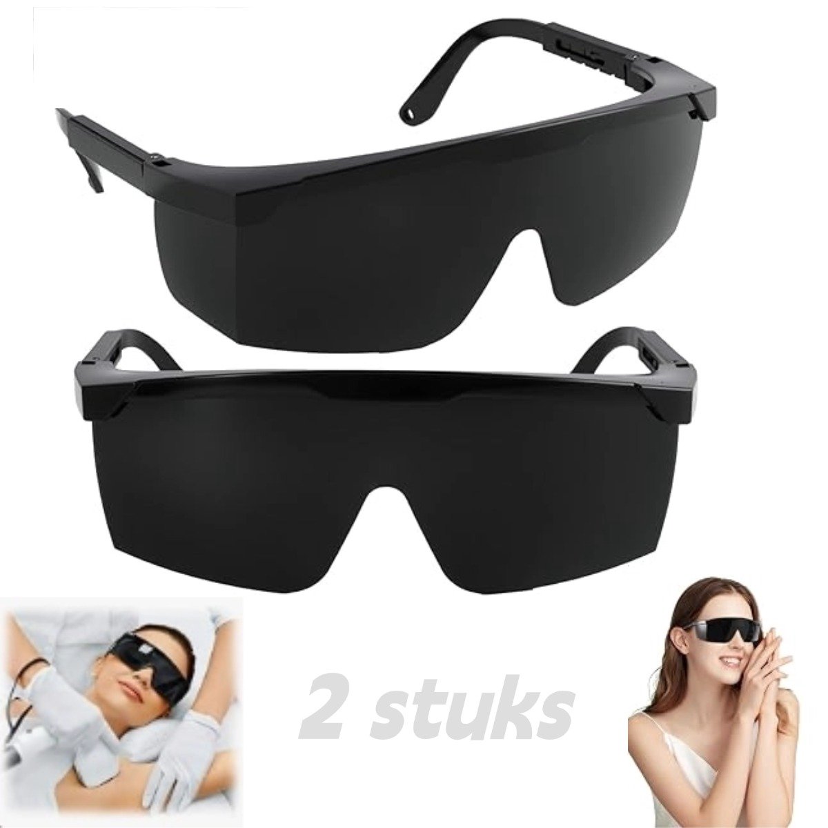 Beschermbril - 2 stuks - Universele veiligheidsbril - Omsluitend - Laser- en IR-bescherming - Spatbril - Oogbeschermer - Schoonheidsapparatuur voor Ontharing, Lichttherapie & Zonnebank - Dempt Felle Lichtflitsen & UV-Straling - Zwart