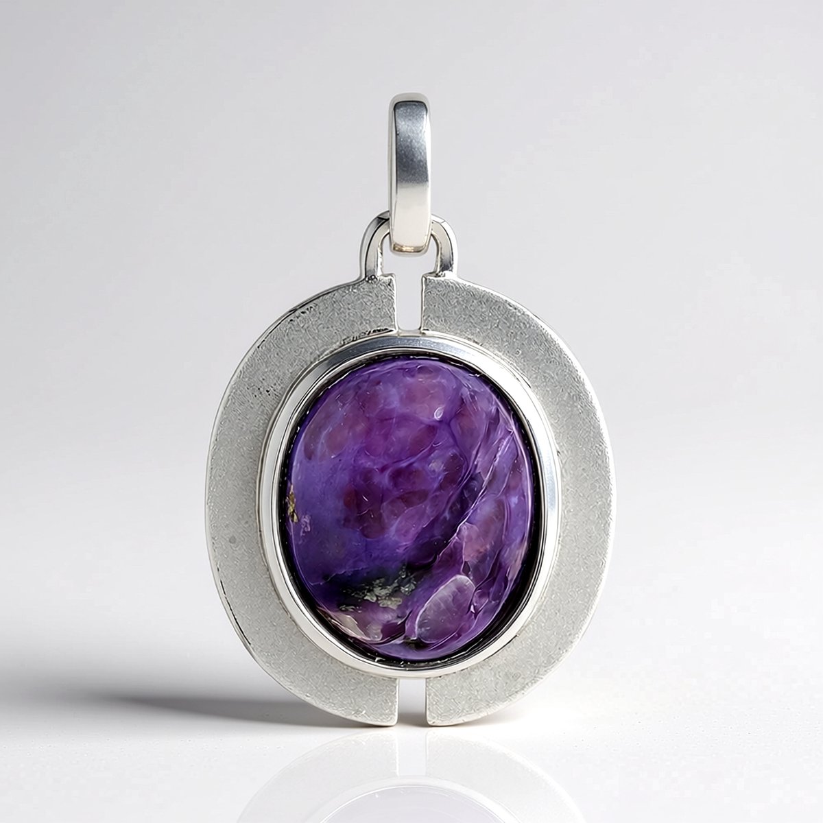 Cavill - Zilveren Hanger 925 Sterling - Ovale Charoiet Cabochon 4,063 ct - Gerhodineerd, Modern Design, Uniek Handgemaakt Sieraad
