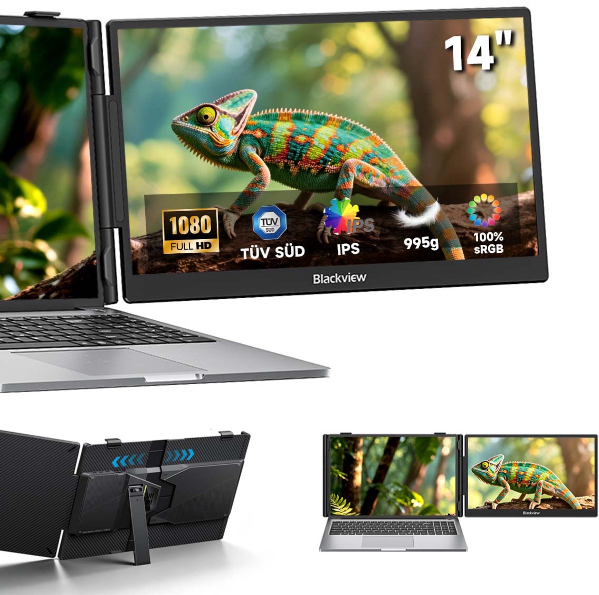 Blackview SCM5 Portable Monitor - 14 inch Full HD IPS Dubbel Scherm - Laptop Scherm Uitbreider - Inclusief Kabels - Grijs