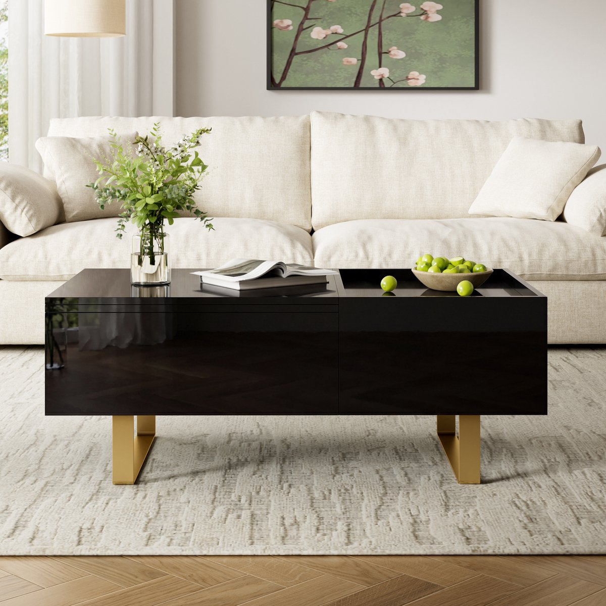 VVBV Salontafel - 100 x 50 x 54,5 cm, Zwart, In Hoogte Verstelbaar, met 1 Lade, Opbergruimte, Hoogglans, Metalen Poten