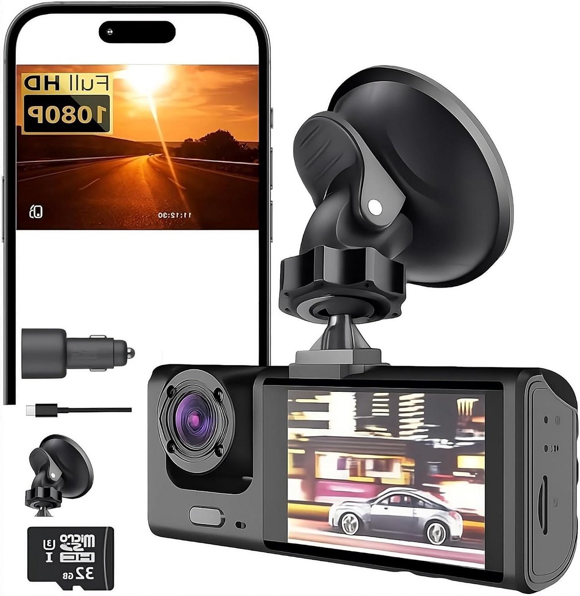 Dubbele Dashcam - Auto Camera - Veilige Ritten - Full HD Nachtzicht - 32 GB Inclusief - Zwart
