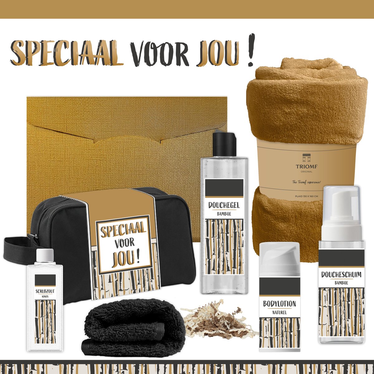 Geschenkset “Speciaal voor jou!” - 7 producten - 1390 gram | Giftset voor hem Vader Papa Cadeau Luxe Wellness Pakket Man Speciaal Cadeaupakket Doos Handdoeken Fleecedeken Geschenk Cadeaudoos Verjaardag Vaderdag Gift Set Douche Goud Goud