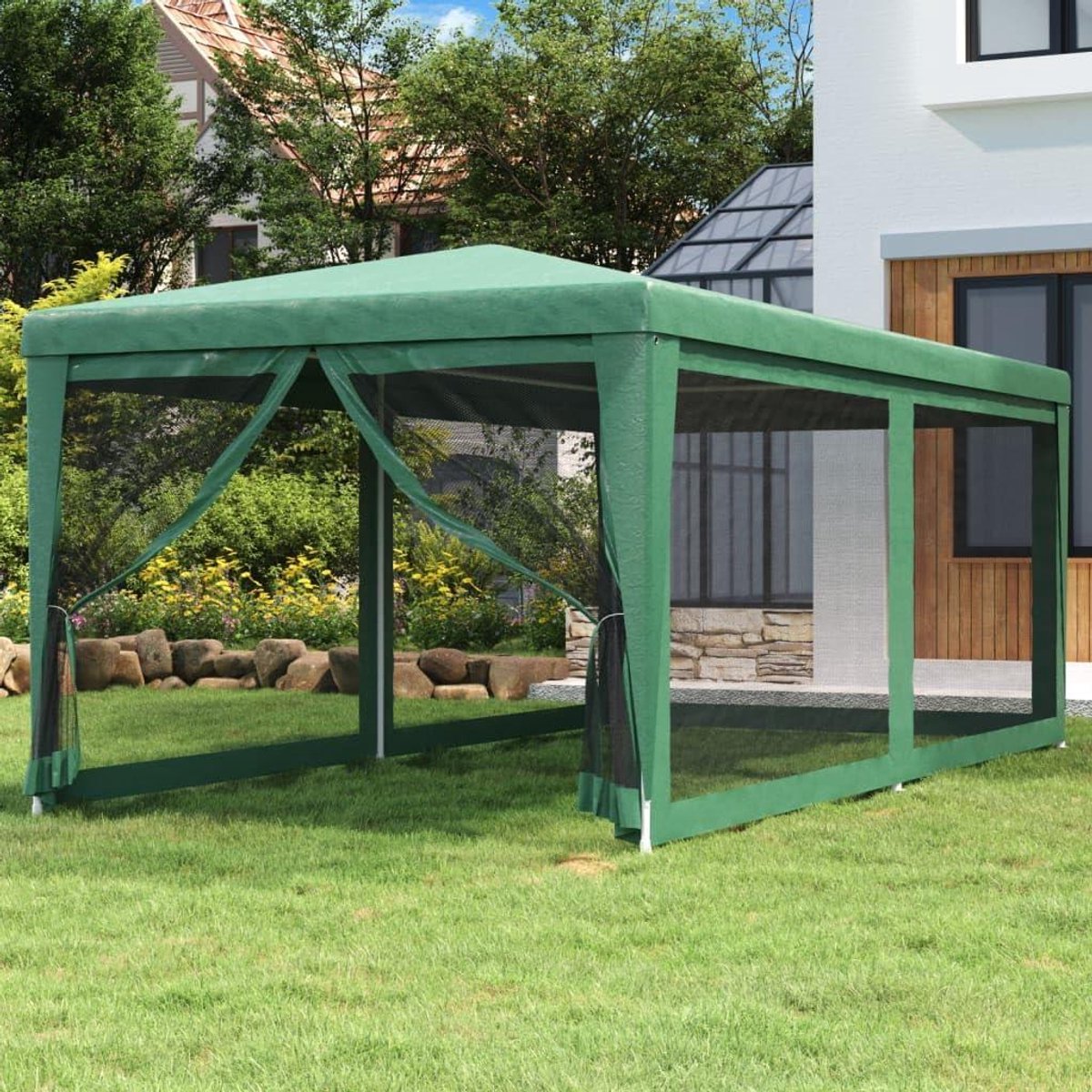 Partytent met zijwanden - Tuinpaviljoen Feesttent - Buitenfeesten Organiseren - Zes insectenwerende mesh wanden - 3 x 6 meter - Groen