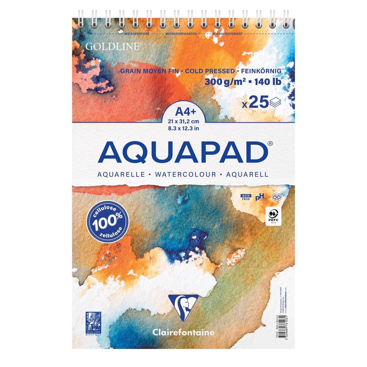 Clairefontaine Goldline Aquapad – A4 – 300 g – Spiraalblok – Aquarelpapier – 25 Vel