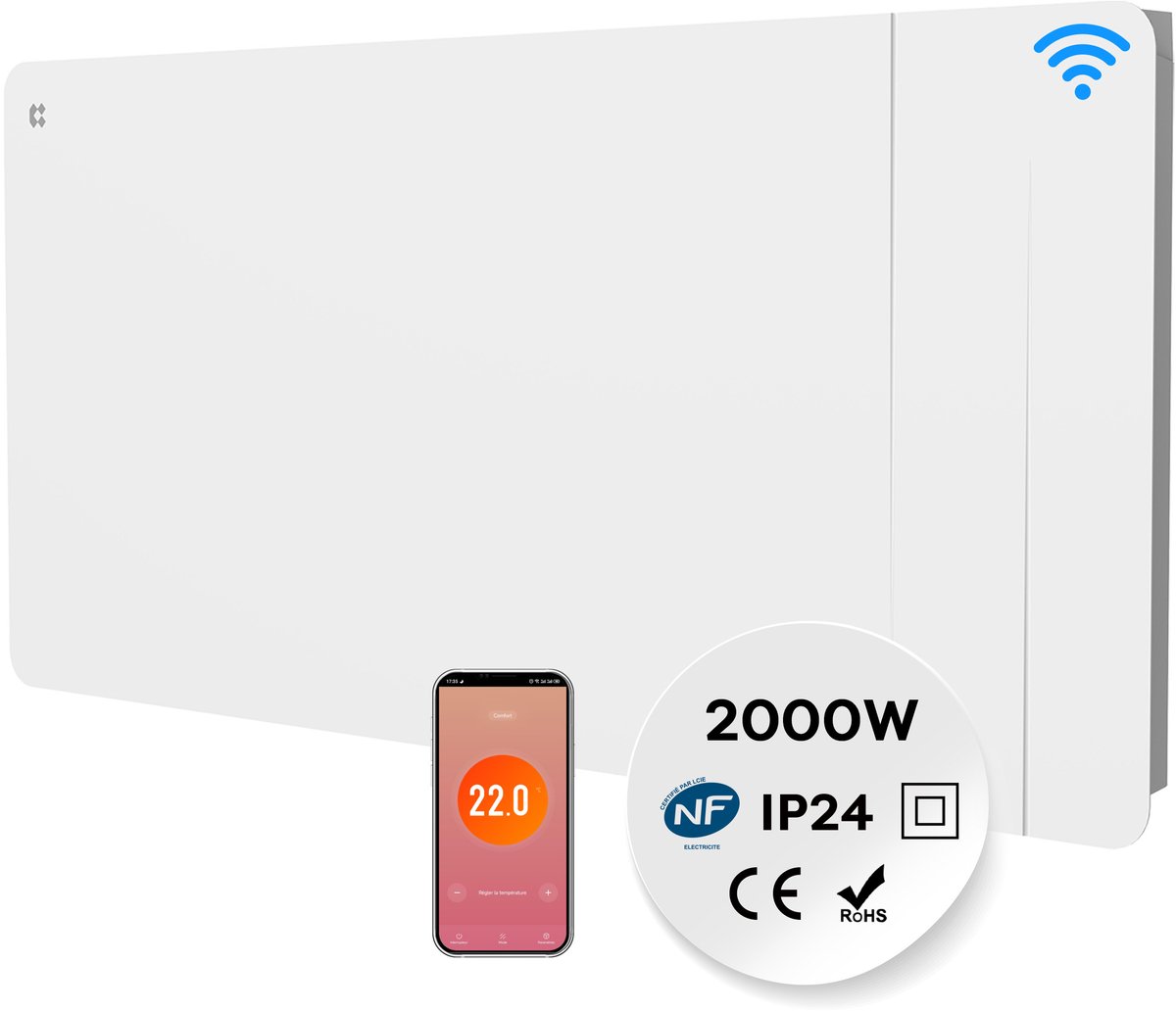 CIARRA CBHTD20A-W - Elektrische Kachel 2000W - Keramische droge-inertieradiator met App WiFi - Wandradiator - Programmeerbare Thermostaat -Badkamerverwarming - IP24 - 20m²- Wit