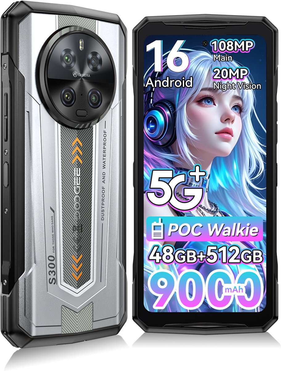 DOOGEE S300 5G - AI Smartphone - Robuuste Smartphone - 9000mAh/45W- 6,78 inch+120Hz - 108MP+16MP - Dimensity 7300 - 48GB RAM + 512GB ROM - Android 16 - NFC - Vingerafdruk - Gezichtsherkenning - WiFi6E