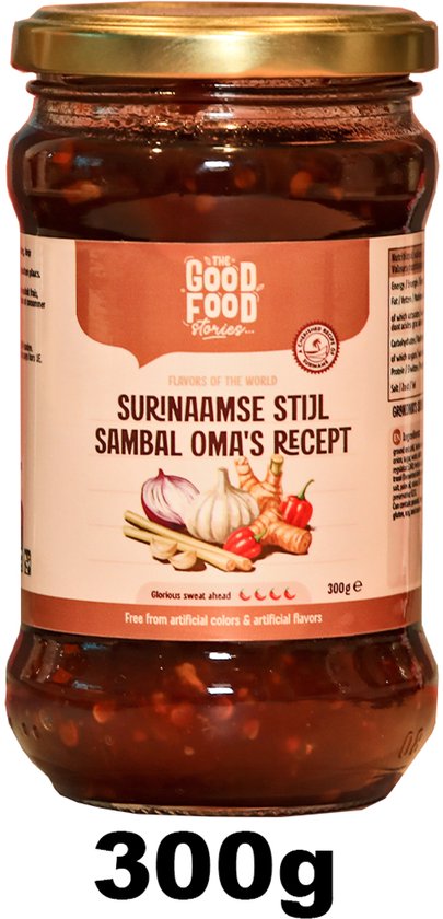 Pot Surinaamse sambal Oma's Recept 300g van The Good Food Stories. De pot is gevuld met sambal.