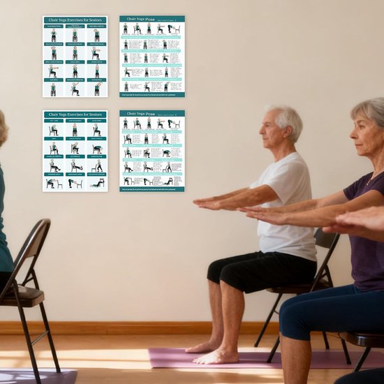 Yoga Stoel Grafiek - Workout Poster Set - Thuis Fitness - Geïllustreerde Oefeningen - 4 stuks - Groen — afbeelding 2