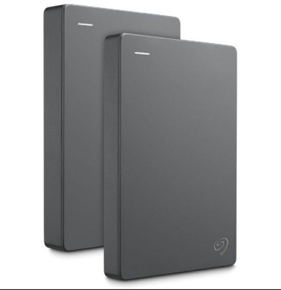 Twee Seagate externe harde schijven, grijs, met een klein wit ledlampje aan de bovenkant en een Seagate logo.