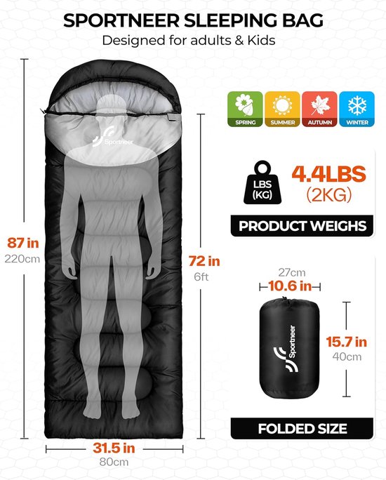 Slaapzak Camping - Outdoor Slaapzak - Kamperen Wandelen - Lichtgewicht Compact - 220x80cm - Zwart — afbeelding 2