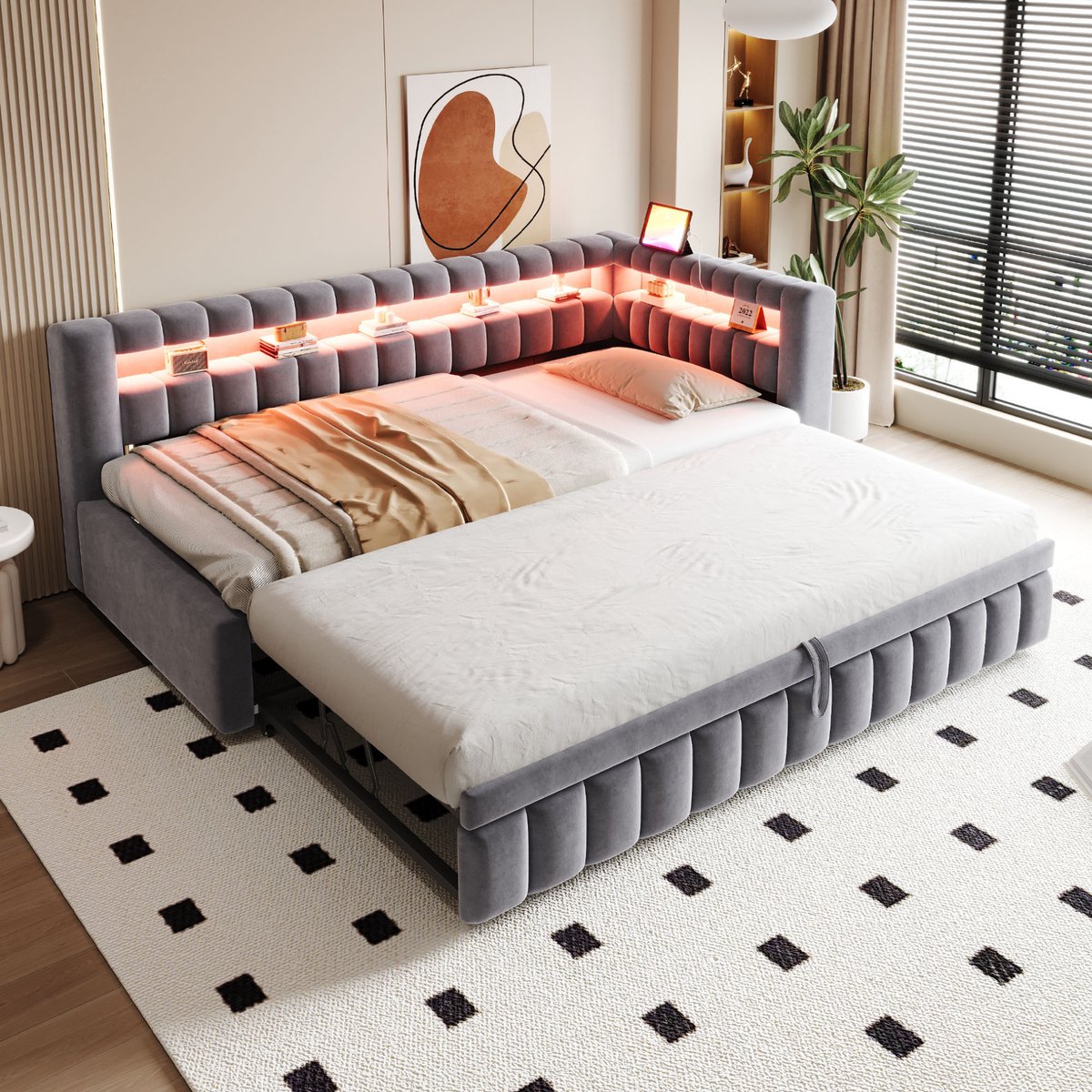 Slaapbank 90x200 cm - Gestoffeerd Bed Met LED En USB - Velvet Grijs