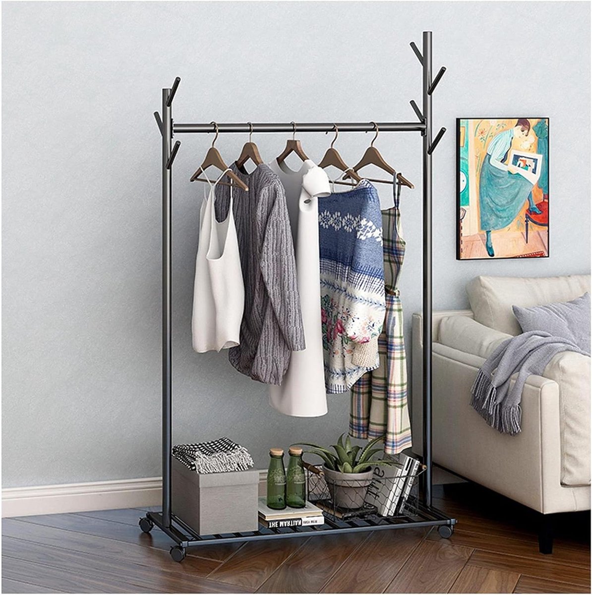 Kledingrek op wielen - Kledingstandaard Garderobe - Kleding Opslag - Met Opbergplank - 60cm - Zwart
