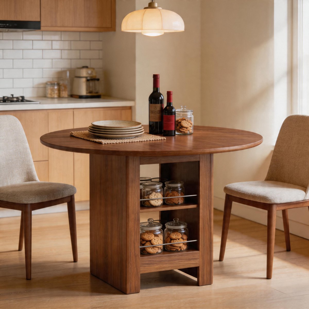 Eettafel Modern - Runder Design met Stauraum - Walnoot Optiek - 100cm Diameter - Voor 4–6 Personen