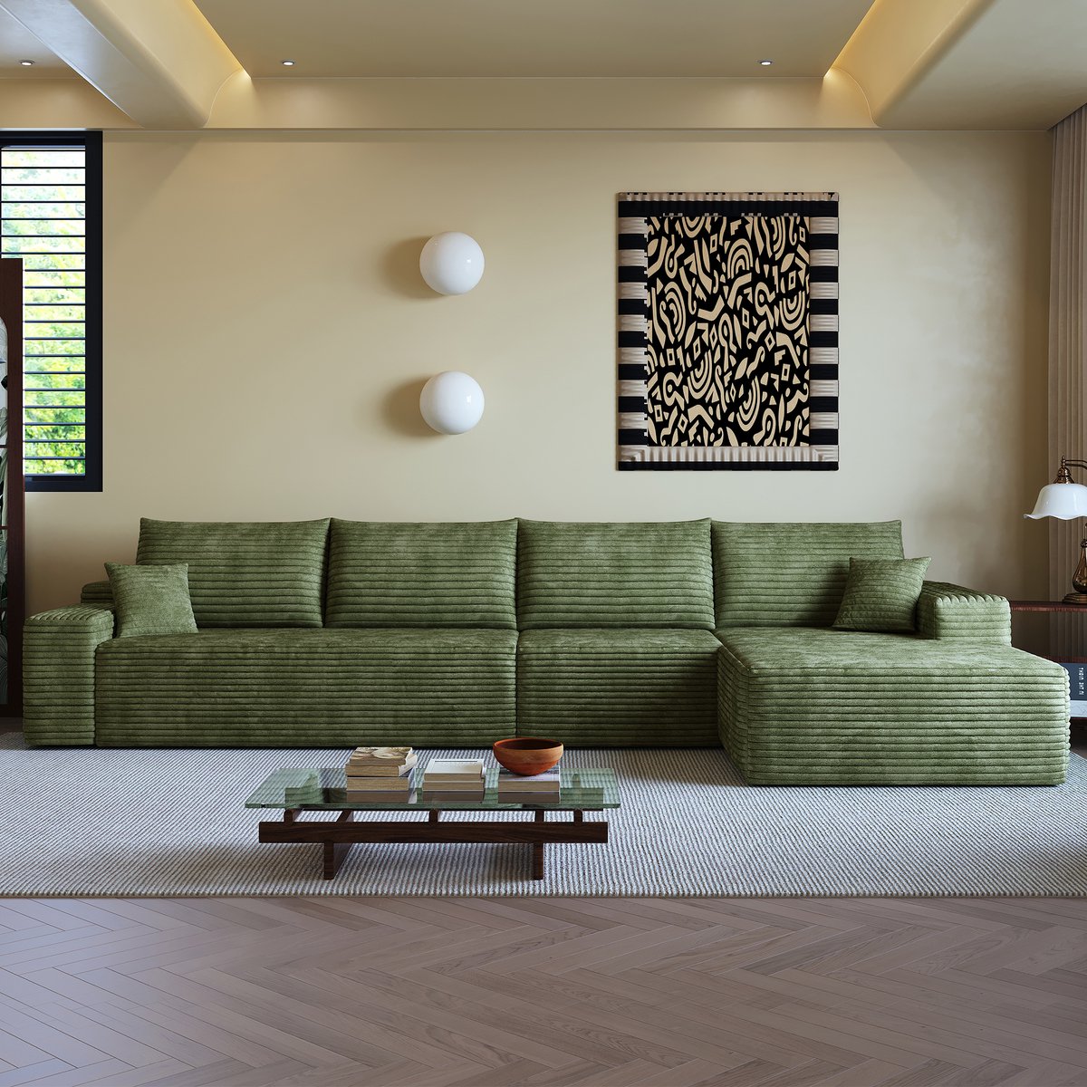 Modulaire Hoekbank 340 cm - 4 Zits Lounge Bank Met Chaise Longue - Ribstof Bank Met Diepe Zit - Zachte Wolkenbank Zonder Montage - Moderne Loungebank Voor Woonkamer - Groen