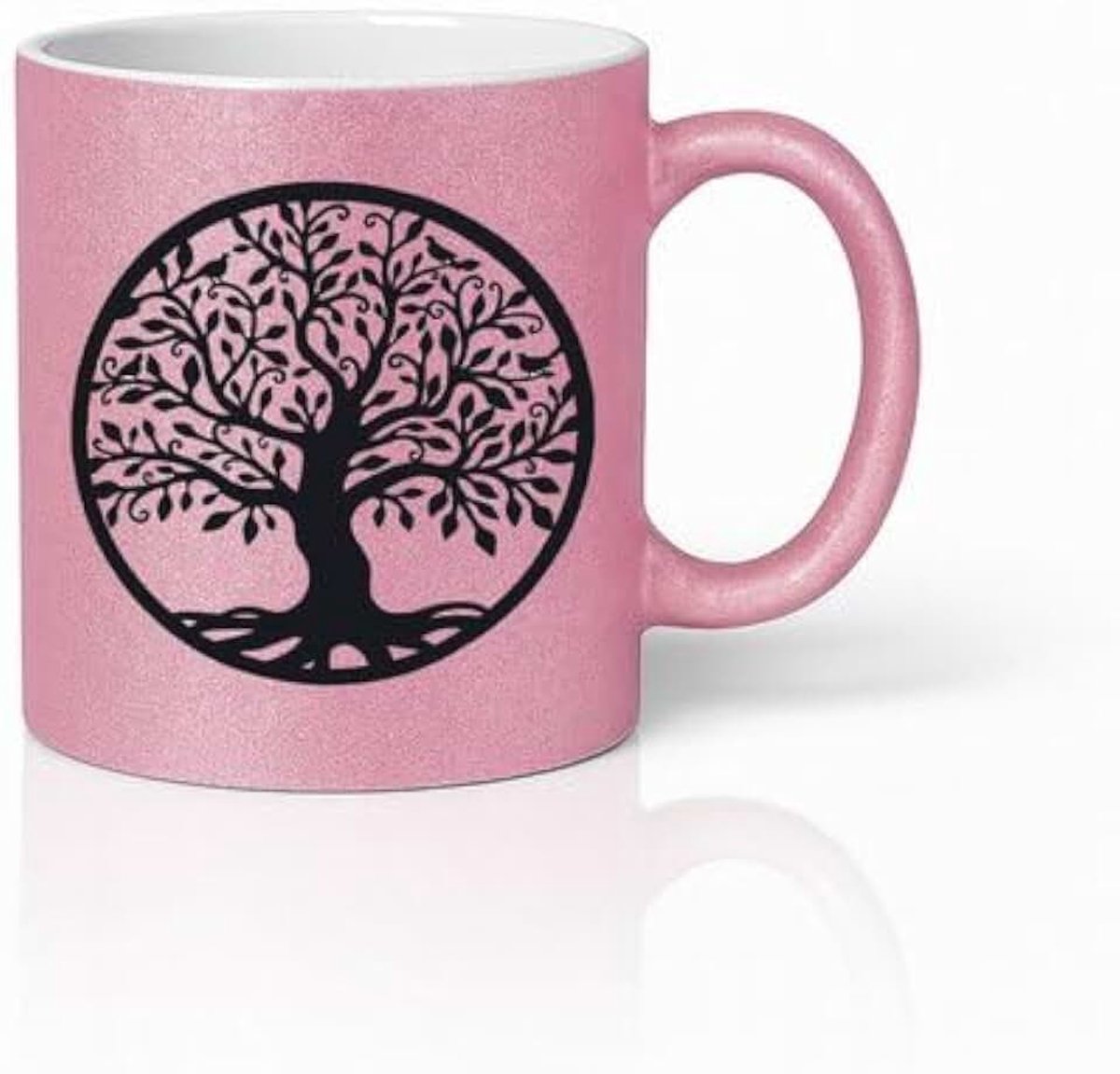 Mok 330ml – Roze Glitter Koffiemok met Elegante Zwarte Boom – Spiritueel Cadeau voor Natuurliefhebbers