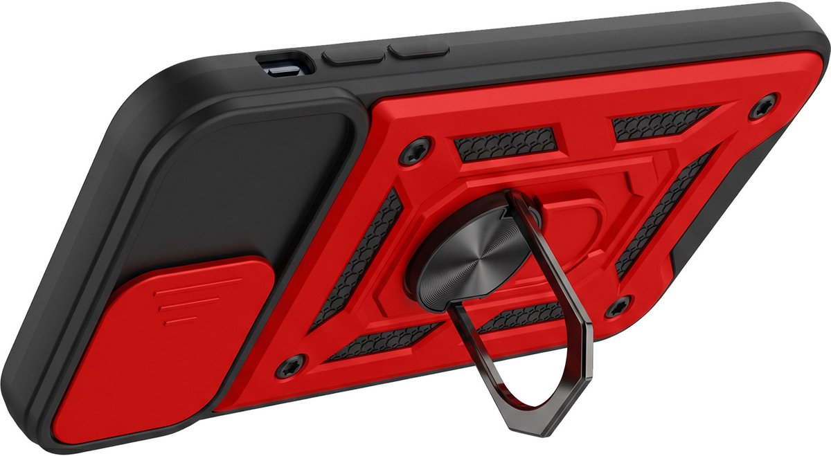Mayaxess, Hoesje met Ring Geschikt voor Apple iPhone SE 2022 / SE 2020 / 8 / 7 Schuifbare Cameraschuif en Magneet, Rood / Zwart