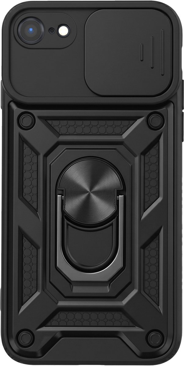 Mayaxess, Hoesje Geschikt voor Apple iPhone SE 2022 / SE 2020 / 8 / 7 met Schuifbare Cameraprotectie en Magnetische Ring, Zwart
