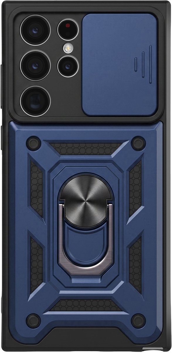 Mayaxess, Hoesje geschikt voor Galaxy S22 Ultra met Schuifbare Camerabescherming en Magnetische Ring, Nachtblauw