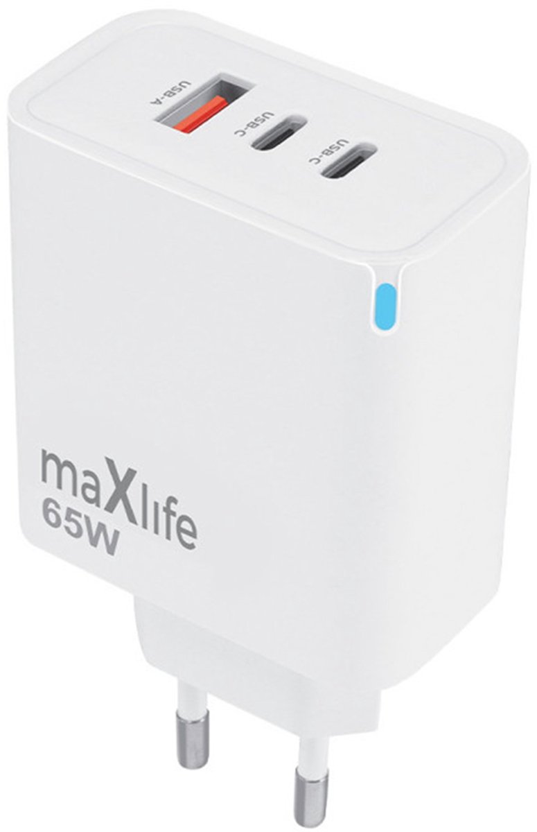 MaXlife, Netlader GaN 65W PD met 2 USB-C 65W en 1 USB-A 36W Ultrasnel, Wit