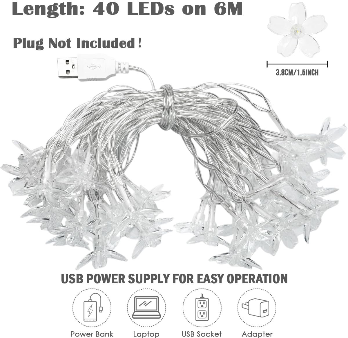 Sfeervolle lichtslinger met 40 LED - Kersenbloesem design - Warm wit licht - Perfect voor slaapkamer decoratie - SnelShoppen