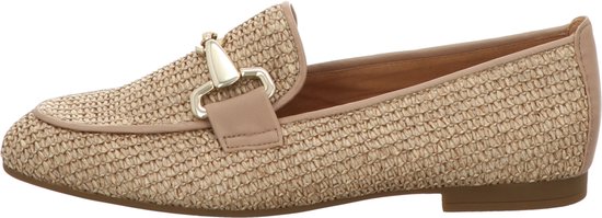 Beige geweven Gabor loafer met goudkleurige gesp en beige leren details.