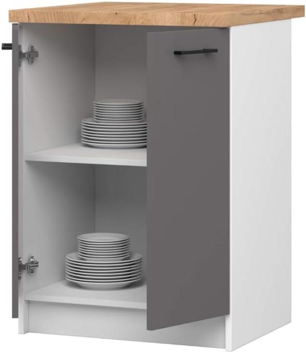 Keukenkast met deuren - Losse keukenkast - Keuken organiseren - Geïntegreerd werkblad - 60 cm breed - Wit/Grijs