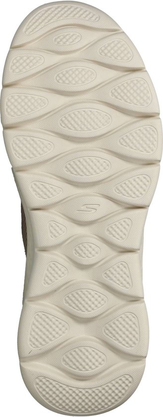 Crèmekleurige buitenzool van een Skechers sneaker met een golvend patroon en S-logo.