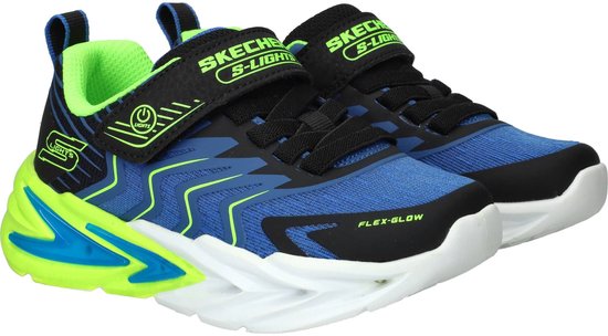 Blauwe Skechers jongens sneakers met limegroene accenten, klittenbandsluiting en lichtjes.