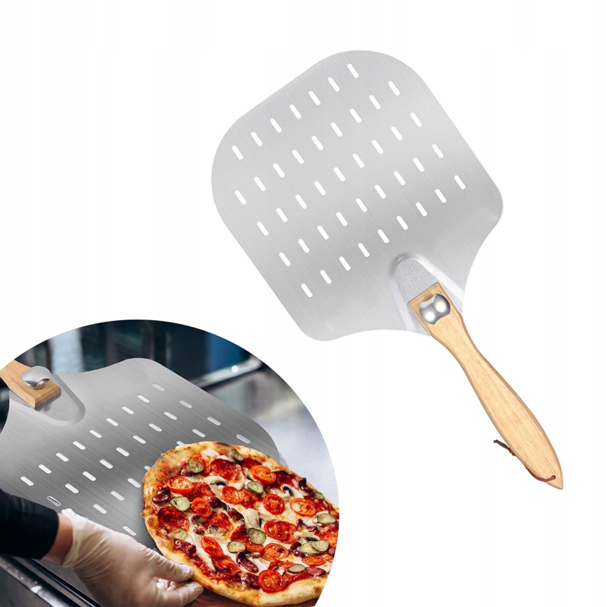 Perforated Pizza Schep - RVS met Houten Handvat - 62x30.5 cm