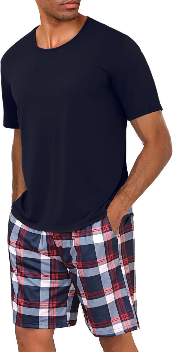 Pyjama voor heren, katoen, korte tweedelige pyjama, nachtkleding, korte mouwen, bovendeel en geruite pyjamabroek, huispak, sleepwear, Stijl 1: donkerblauw, M