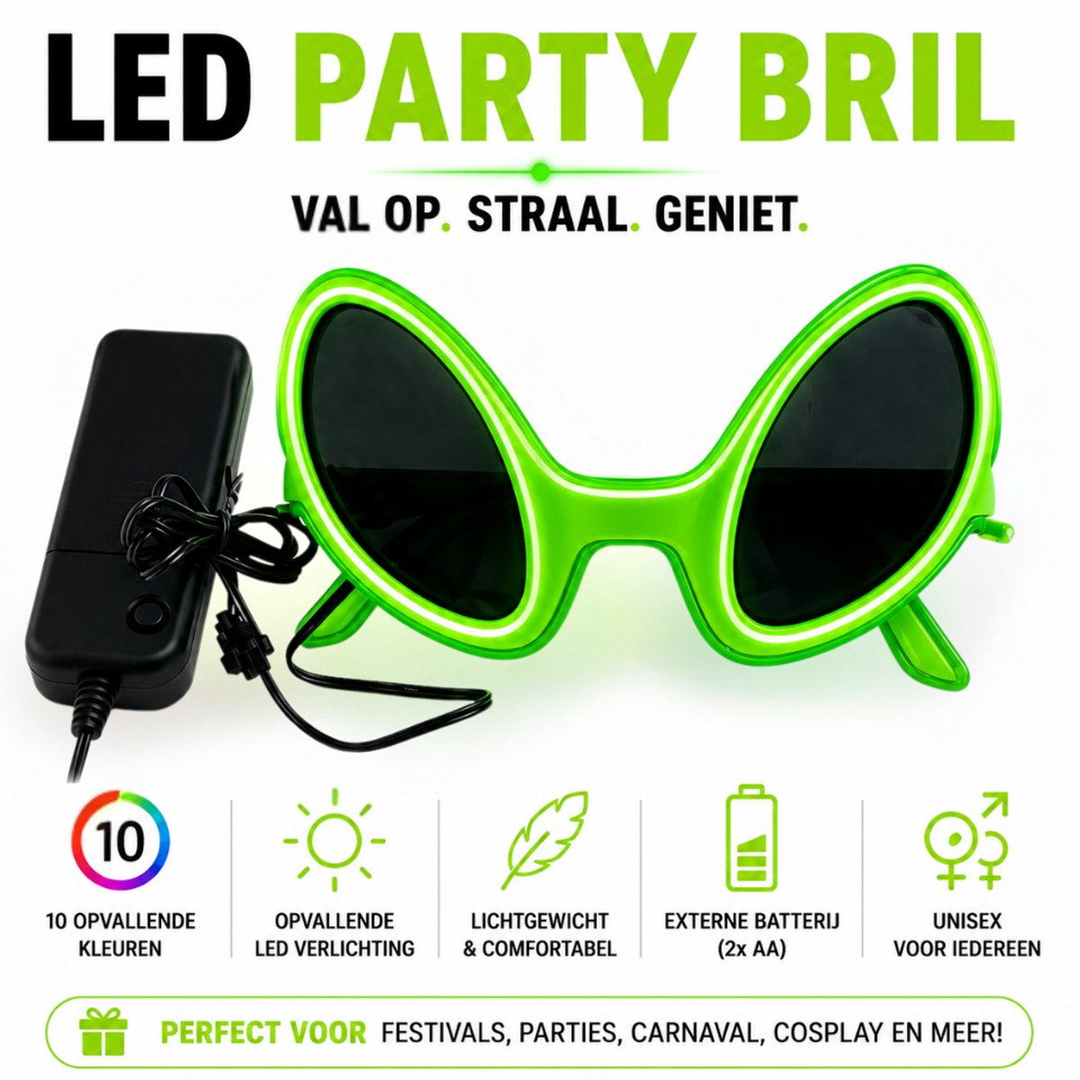 GlowAlien LED Bril – Festival & Party Bril – Koningsdag & Carnaval – Neon Groen Licht – 3 Lichtmodi